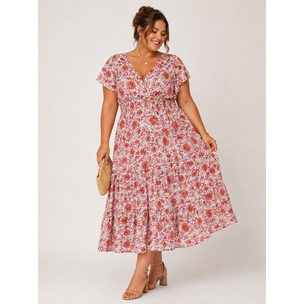 Knox Rose Floral Midi Dress Pink Orange Smocked Waist Tiered Flutter Sleeve XL